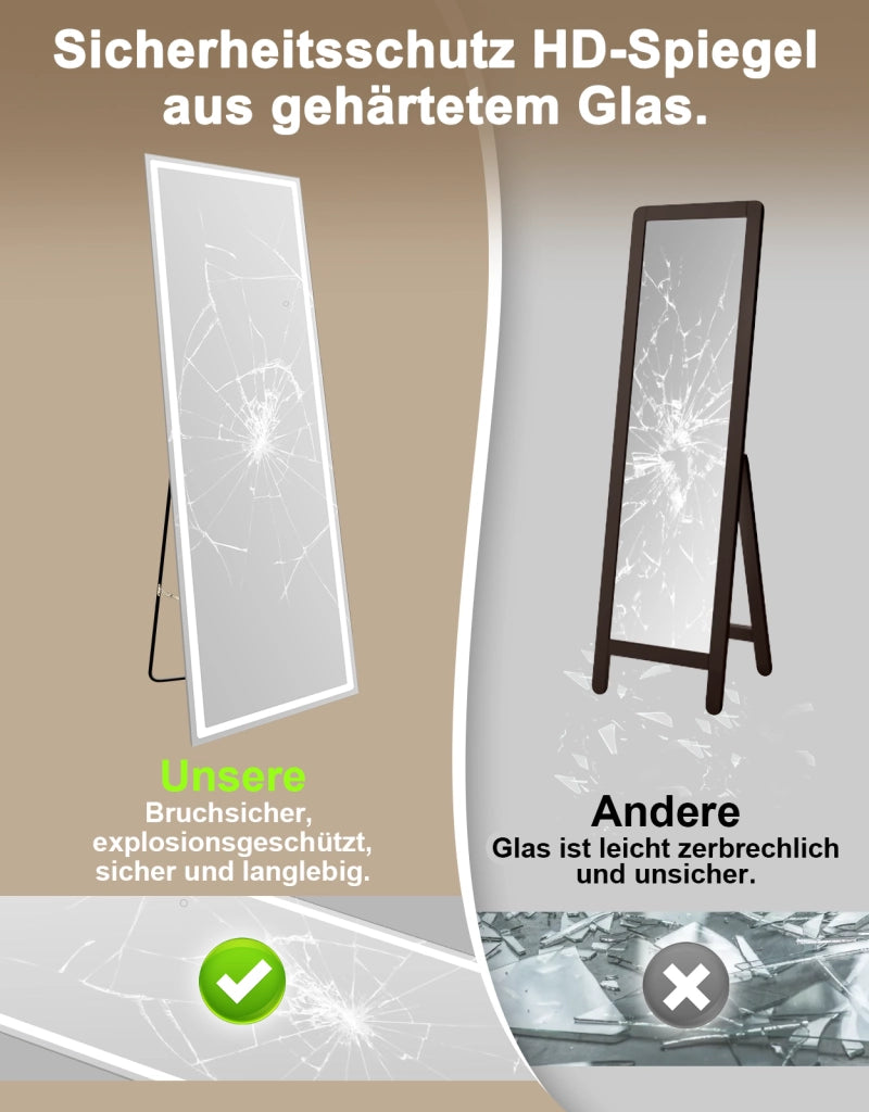 ZMH Specchio a figura intera Illuminato 160cm Specchio da Terra e Parete Full Length Standing Mirror