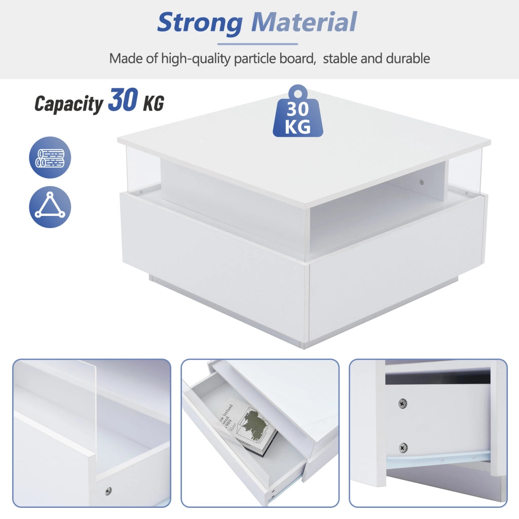 Tavolino da caffè con 2 cassetti; LED e vano trasparente - per soggiorno - in truciolare - 70x70x41 cm - bianco
