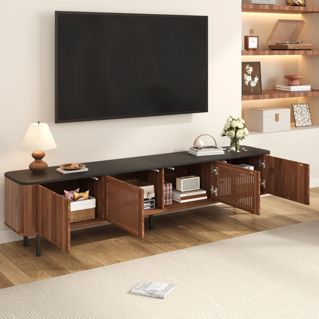 Mobile Porta TV con 2 Ante a Griglia e Vani Aperti; Stile Moderno; per Soggiorno; in MDF e Pannello Truciolare; Noce; 190??35??45 cm