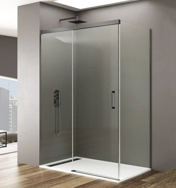 Box doccia angolare BASIC fisso + scorrevole + laterale fisso 140x90 cm (135-140/86,5-89) titanio vetro trasparente