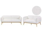 Set da salotto in stile scandinavo con divani a 2 e 3 posti, gambe affusolate in legno e rivestimento in bouclé bianco