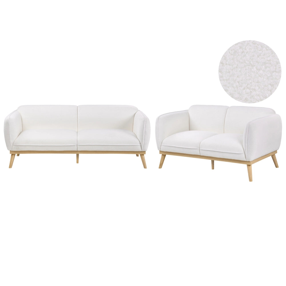 Set da salotto in stile scandinavo con divani a 2 e 3 posti, gambe affusolate in legno e rivestimento in bouclé bianco