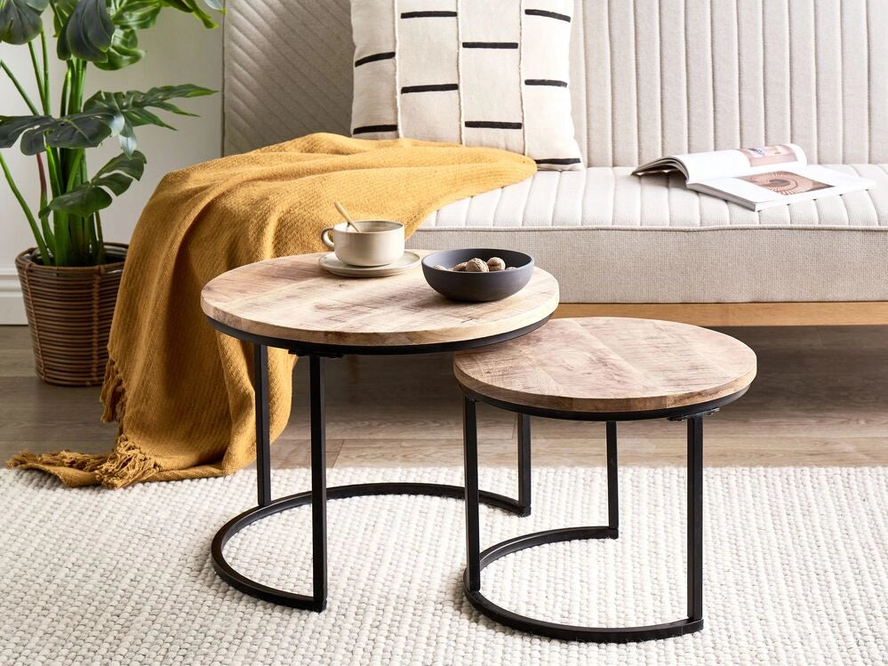 Set di tavoli 2 pezzi Legno chiaro Legno di mango Piano del tavolo Metallo aperto Telaio nero