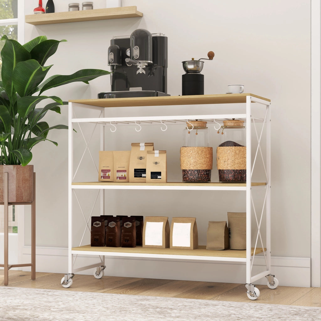 Carrello Portavivande a 4 Livelli 96,5x38x96,7 cm con Portabottiglie in Legno e Metallo Bianco