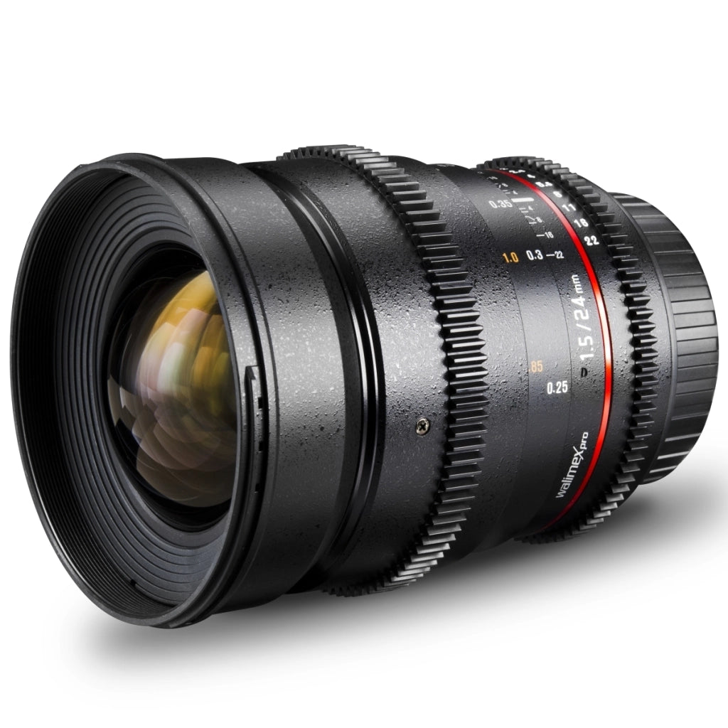 Walimex Pro Obiettivo fotografico e video VDSLR 24 mm 1:1.5 (incl. filettatura filtro 77 mm, paraluce, ghiera, apertura e messa a fuoco continua) per obiettivo Nikon F baionetta nera
