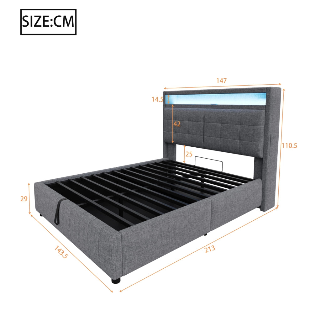 OKWISH Letto Contenitore 140×200 cm, Letto Matrimoniale con LED Regolabile, USB, Mensole e Contenitore Idraulico, senza Materasso, in Tessuto Grigio