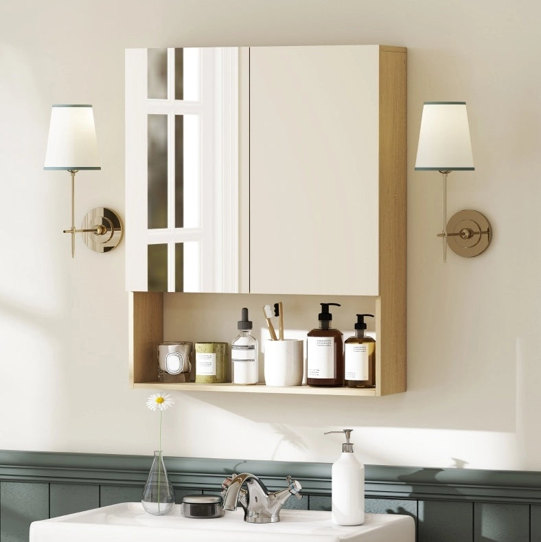 Mobile pensile da bagno 60x16,6x75 cm con ante a specchio e ripiano regolabile in legno
