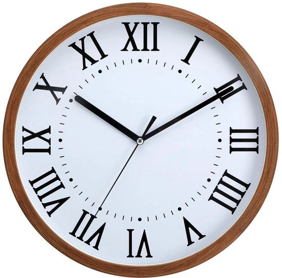 Orologio da parete con cornice in imitazione di legno, cifre romane, facile da leggere, adatto per orologi da parete silenziosi per soggiorni, camere da letto, uffici, ecc.