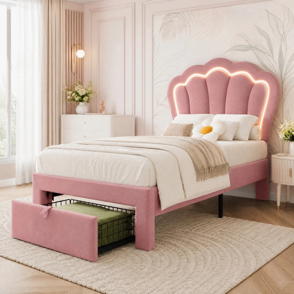 Letto singolo 90x190 cm in velluto rosa con testiera regolabile; LED RGB e cassetto