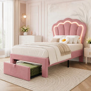 Letto singolo 90x190 cm in velluto rosa con testiera regolabile; LED RGB e cassetto