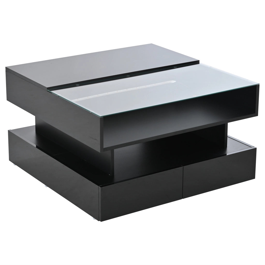 Tavolino da caffè con piano sollevabile; 2 cassetti e LED - per soggiorno - 80×80×45 cm - nero
