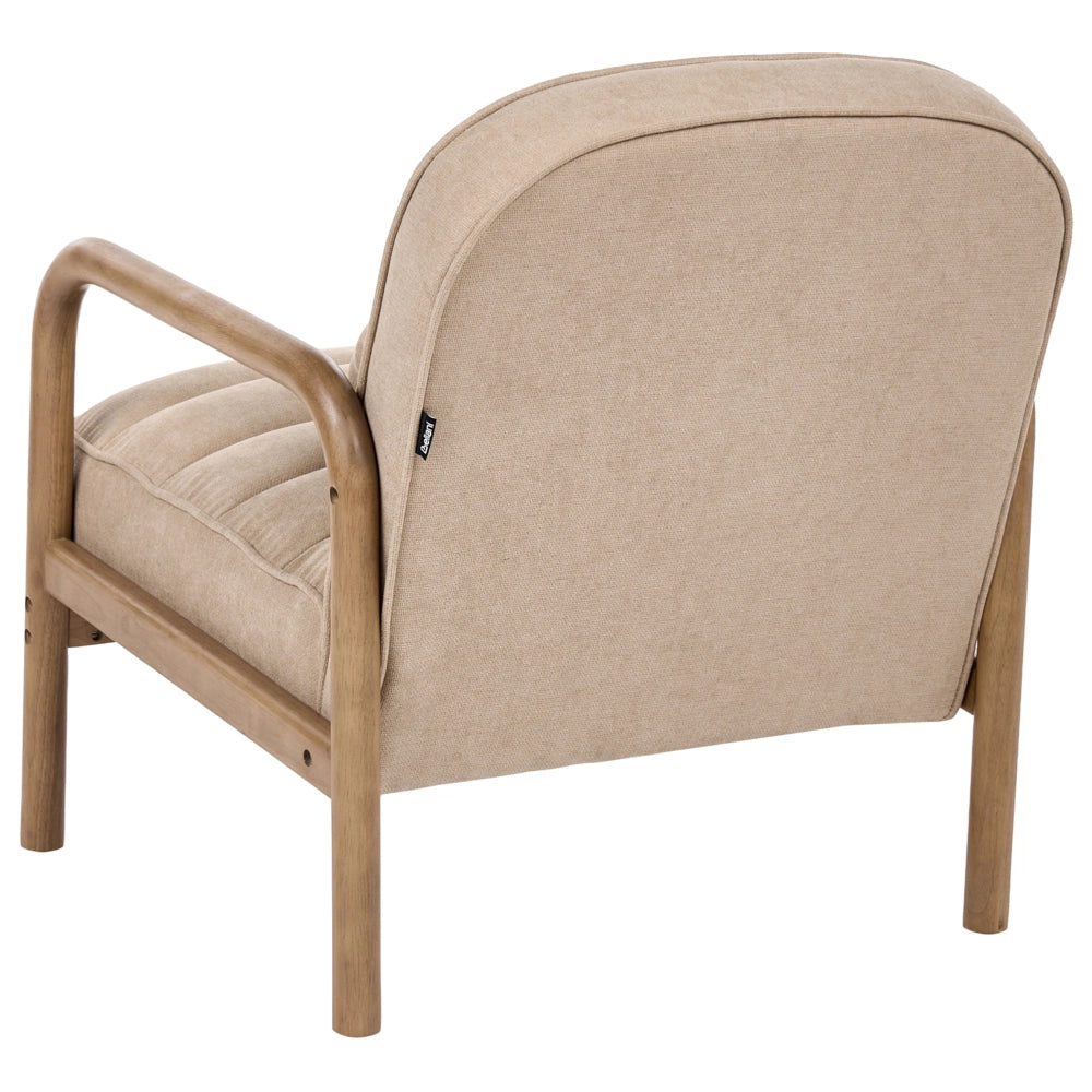Poltrona in tessuto beige con struttura in legno, stile Mid-Century Modern