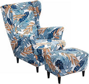 Copricuscini di Poltrona Wingback - 2 Set a Scegliere con Copricuscino di Pouf - Tessuto Spandex Flessibile - Coprimobili per Poltrona con Spalliera - Camera da Letto - Hotel (Blu)