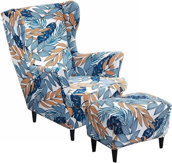 Copricuscini di Poltrona Wingback - 2 Set a Scegliere con Copricuscino di Pouf - Tessuto Spandex Flessibile - Coprimobili per Poltrona con Spalliera - Camera da Letto - Hotel (Blu)