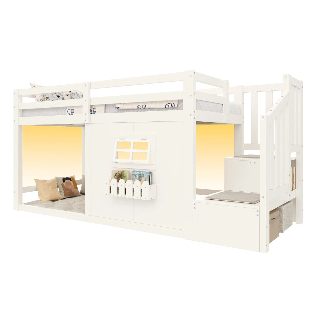 Letto a soppalco 90x200 cm in pino e MDF con scala contenitore e LED; bianco