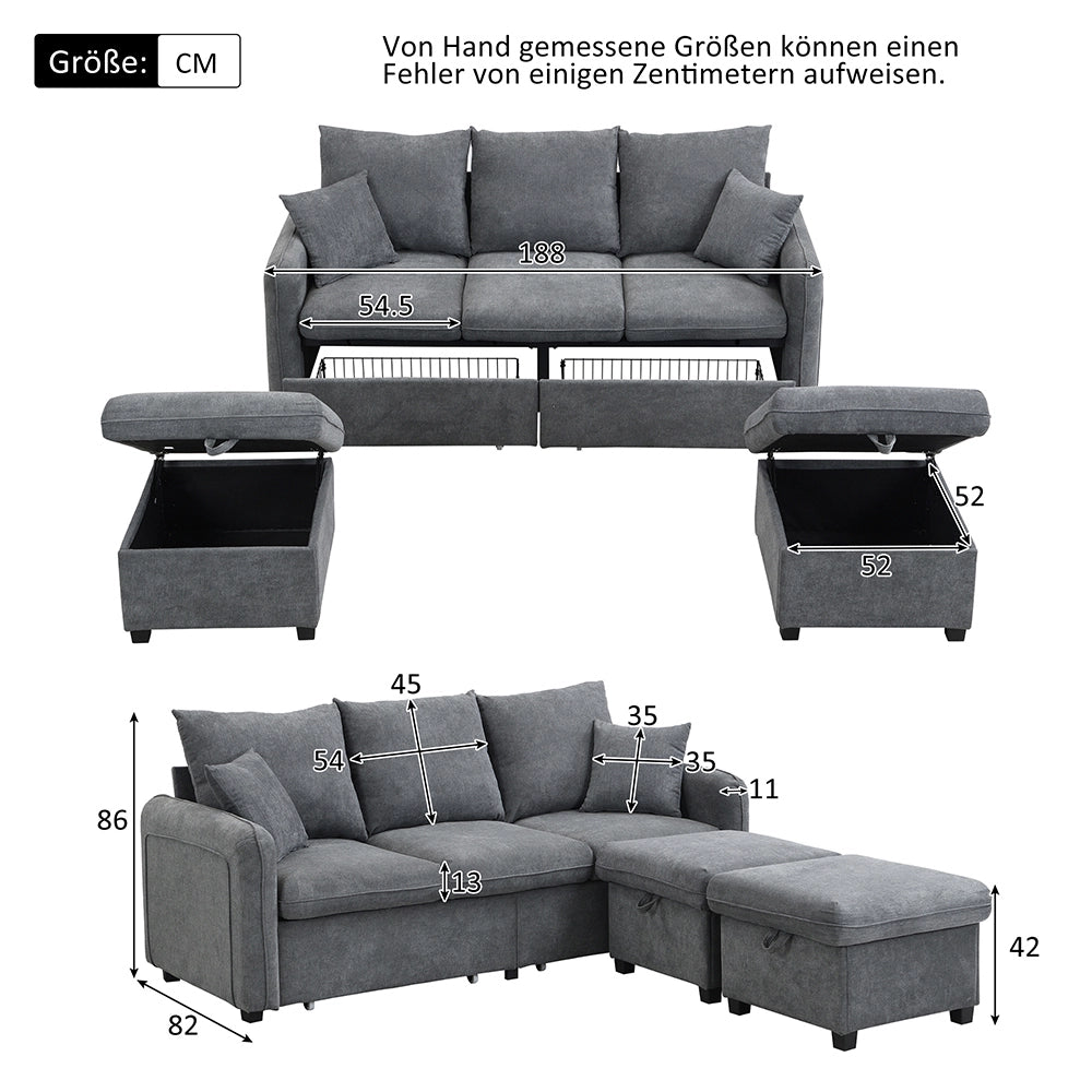 Divano angolare - Xylo - 3 posti modulare cassetti+pouf chenille