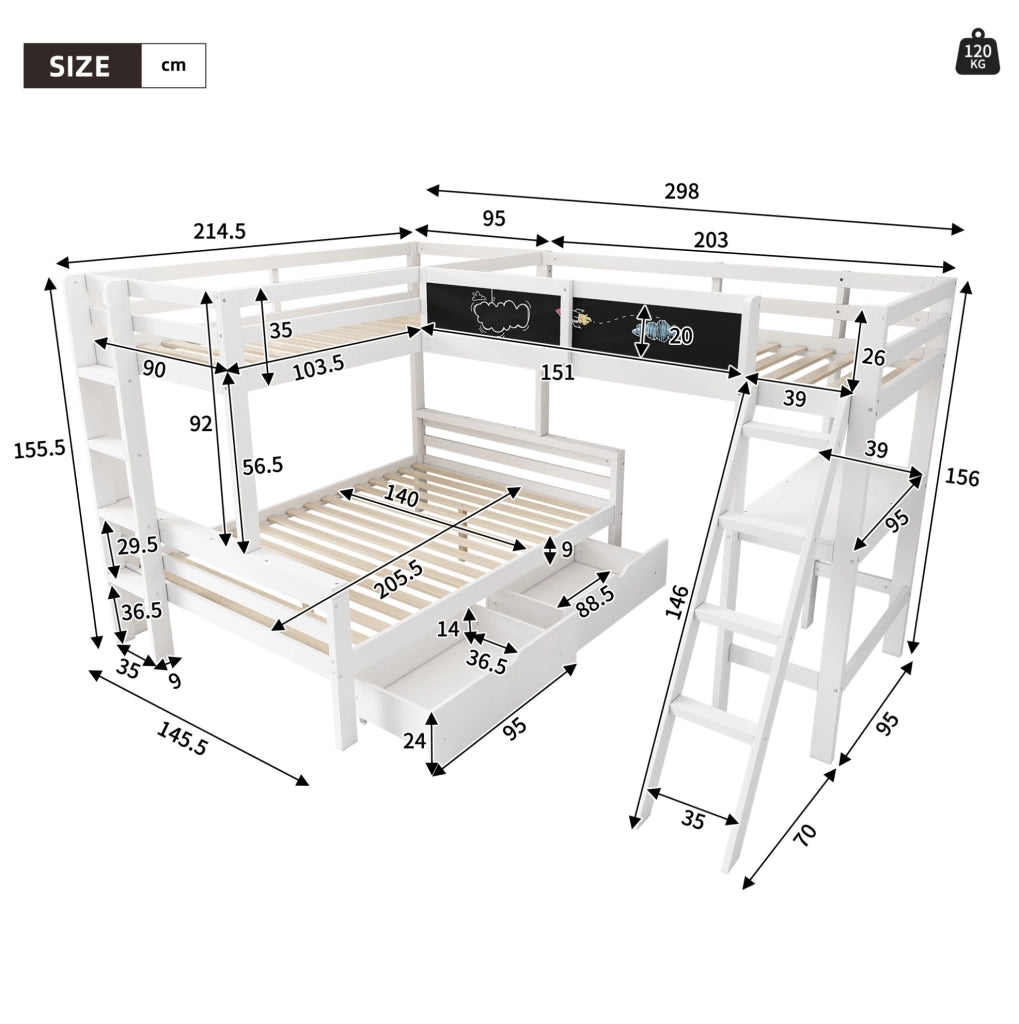 Letto a castello per bambini per 3 persone 140x200 cm e 2x90x200 cm in legno massiccio bianco e rovere