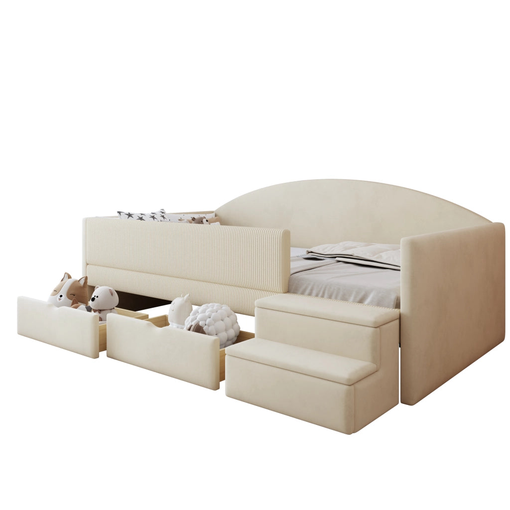 Letto per bambini 90 × 190 cm con 2 cassetti, sponde di sicurezza et scalini, senza materasso, beige