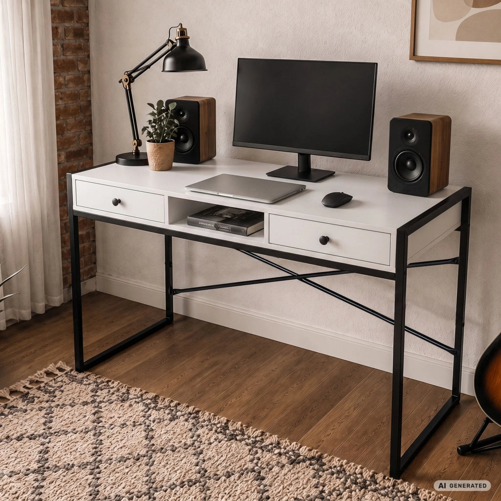 Scrivania industriale per computer Bianca ELONIS 123 cm 2 cassetti 1 ripiano gambe nere
