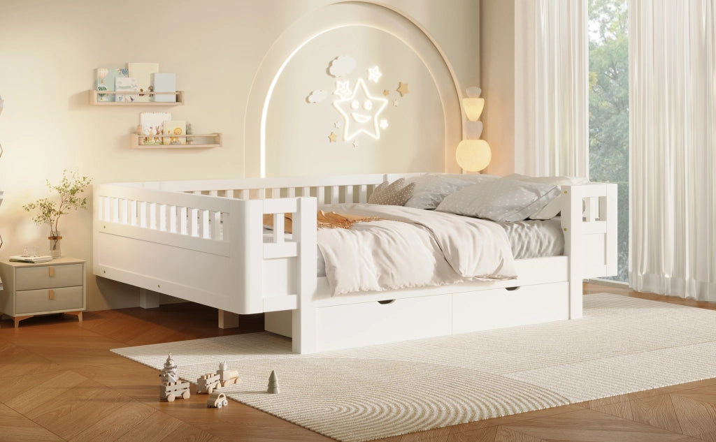 DESMIU Lit enfant 140 × 200 cm con due cassetti e sponda di sicurezza, senza materasso, in legno massiccio e MDF, bianco
