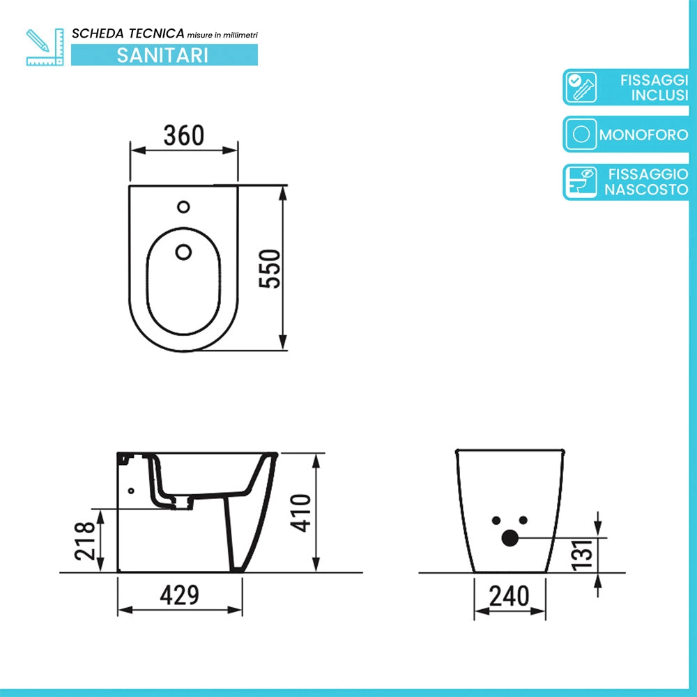 Set sanitari filomuro traslato nero opaco con sedile soft close di Ceramica Dolomite Mayka