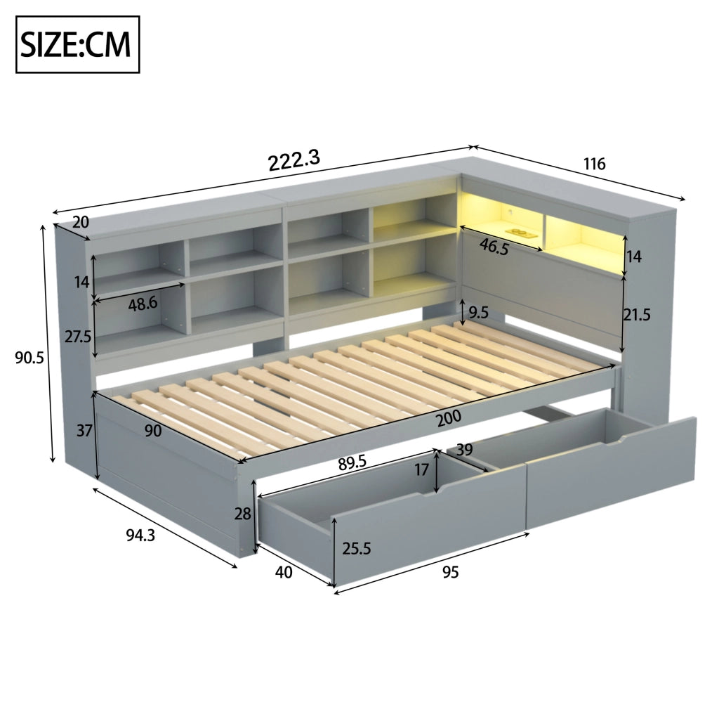 Letto da giorno ULEVR 90x200 cm con cassetti, ripiani, presa USB e LED multicolore, grigio