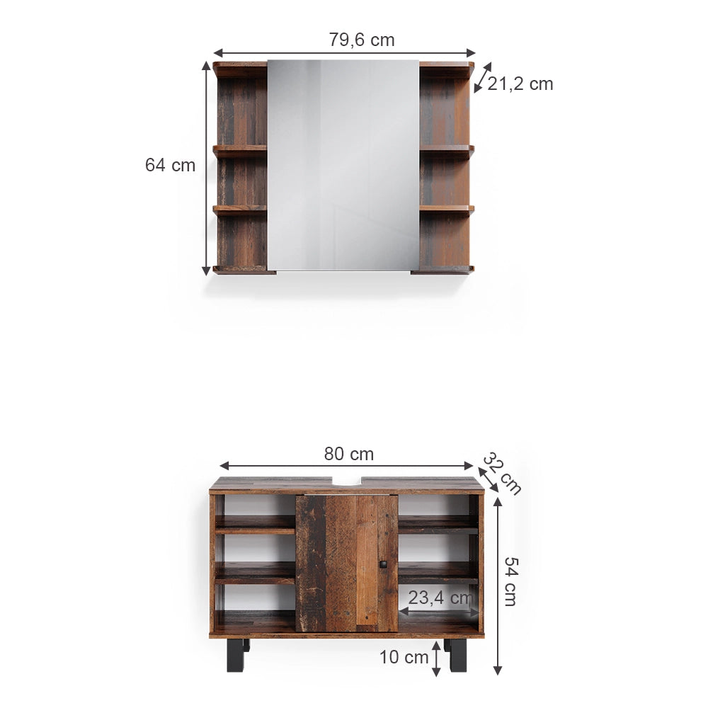 Vicco Set mobili bagno Rovere rustico 2 parti, mobile base 80 cm