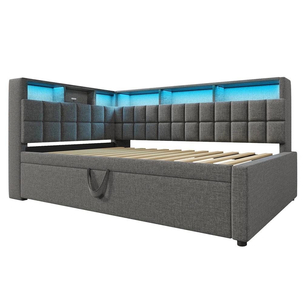 Letto imbottito-Xylo-90x200cm+90x190 LED Bluetooth USB-C testiera L lino grigio senza materasso