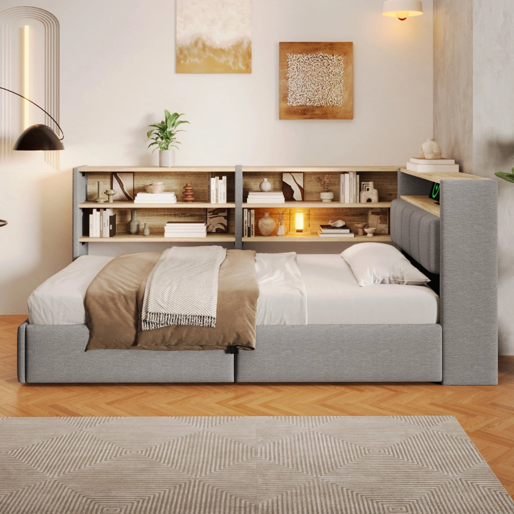 Letto Contenitore Singolo LEMONMAX 90x200 cm con Sollevamento Idraulico, LED APP, USB-A/USB-C e Modulo Laterale, Rete a Doghe, Velluto Grigio