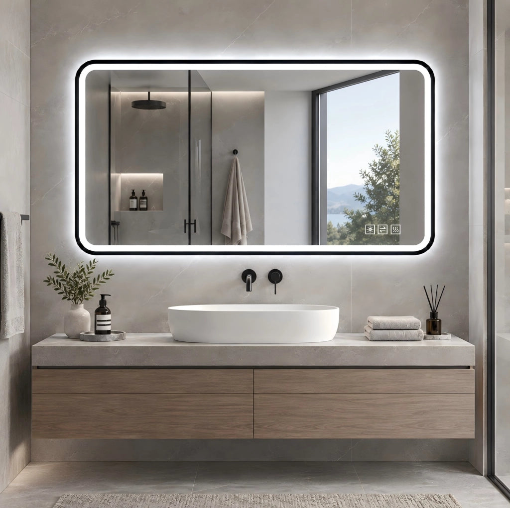 Specchio da bagno LED nero con antiappannamento e dimmer