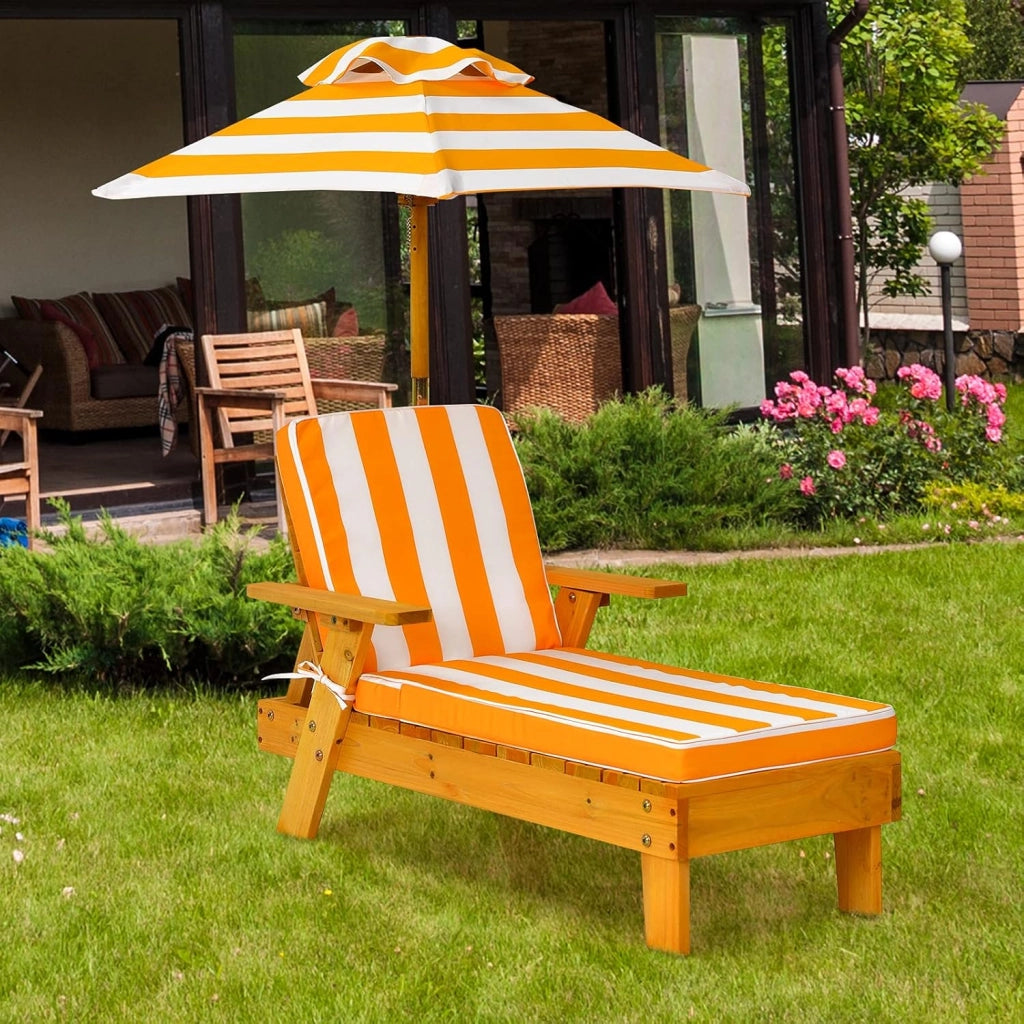 Chaise Longue da Esterno per Bambini, Poltrona di Legno con Ombrellone Smontabile, Sedia Portatile con Cuscino, Ideale per Bambini 3-8 Anni
