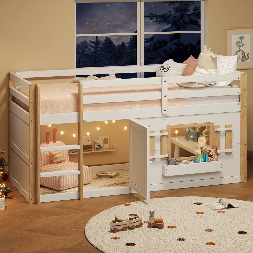 Letto rialzato per bambini 90x200 cm con scala e spazio inferiore multifunzione; bianco