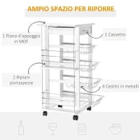 Carrello da Cucina Salvaspazio in Legno Bianco, Portavivande con 1 Piano di Lavoro 1 Cassetto e 4 Cestelli Metallici, 47x37x83cm
