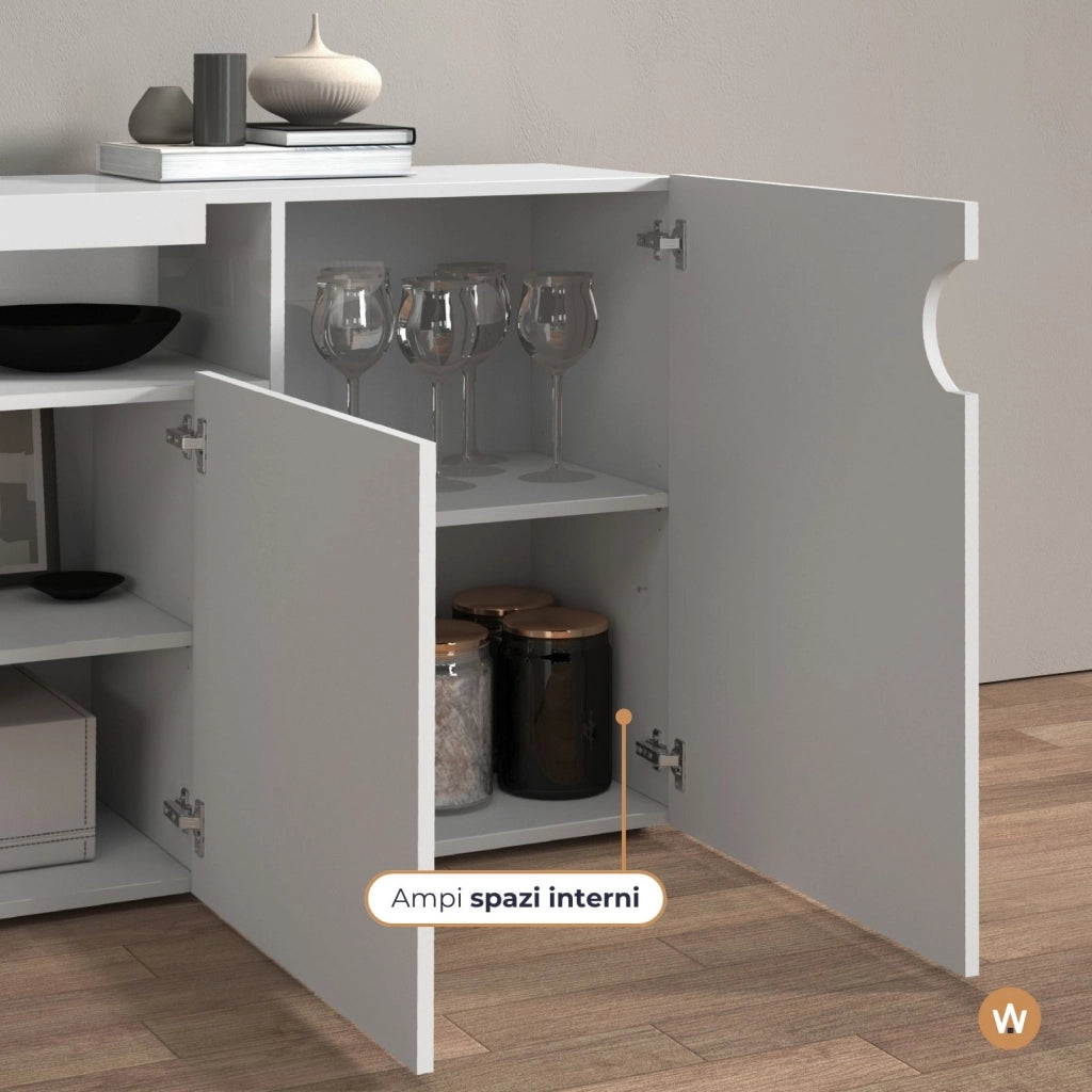 WHOUS Credenza Real con 4 ante e 1 vano aperto bianco lucido 200x40x80 cm