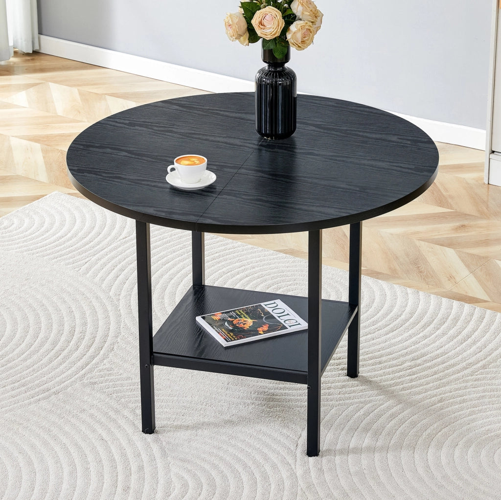 Tavolo da pranzo rotondo moderno 100 cm con doppio ripiano portaoggetti; MDF e metallo; nero