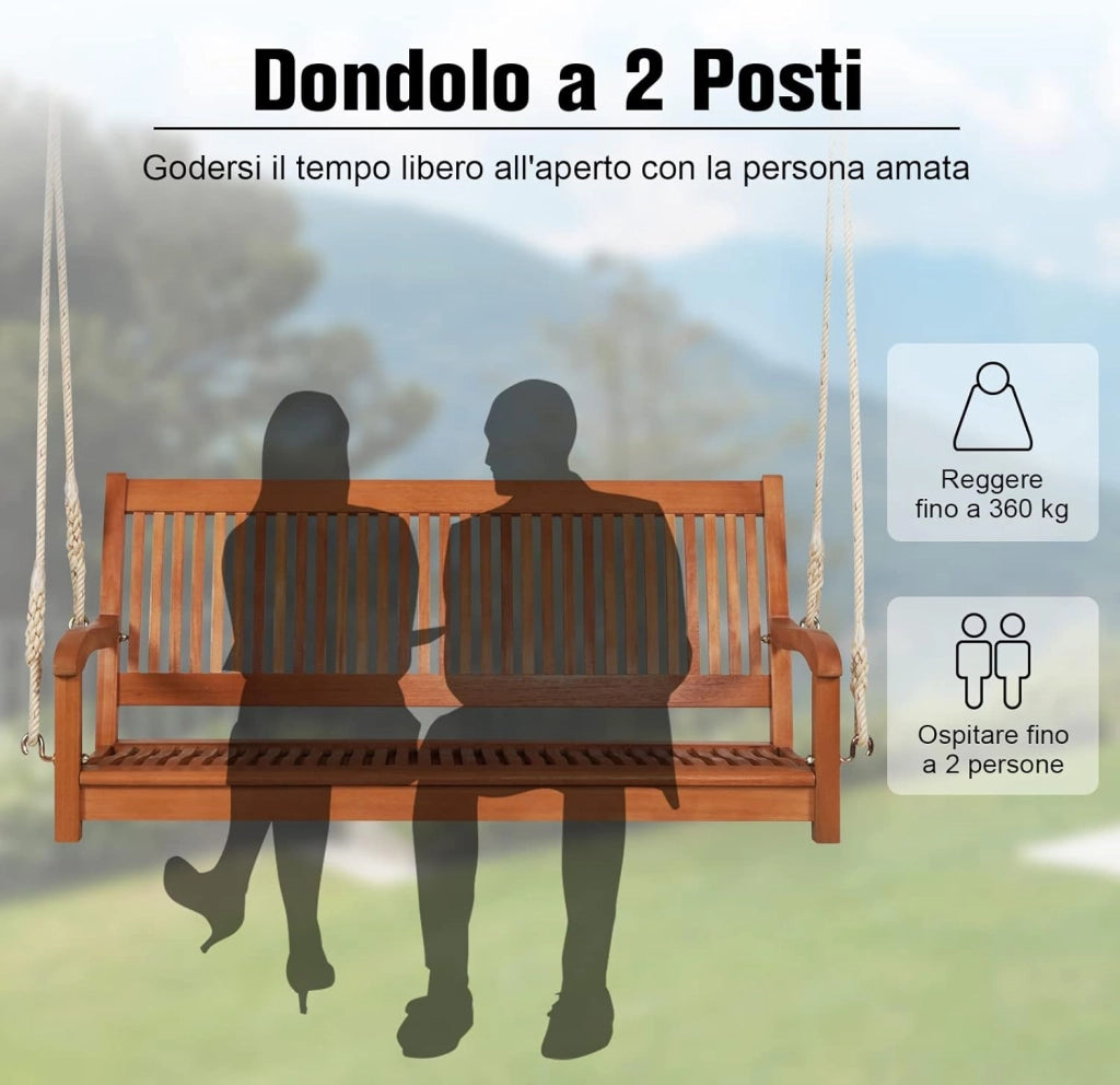 Dondolo Sospeso da Esterno con 2 Posti, Panca Altalena in Legno di Eucalipto con 2 Corde, Carico Massimo 360 kg, Ideale per Portico, Cortile e Balcone, 126 x 62 x 60 cm