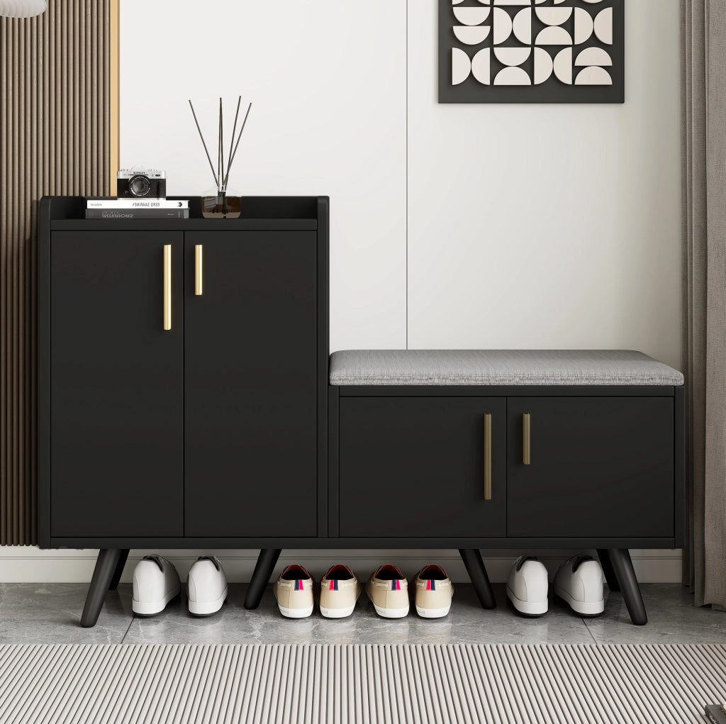 Scarpiera 120x34x82 cm con seduta imbottita; pannello truciolare e metallo; nero e noce scuro