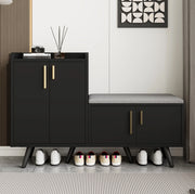 Scarpiera 120x34x82 cm con seduta imbottita; pannello truciolare e metallo; nero e noce scuro