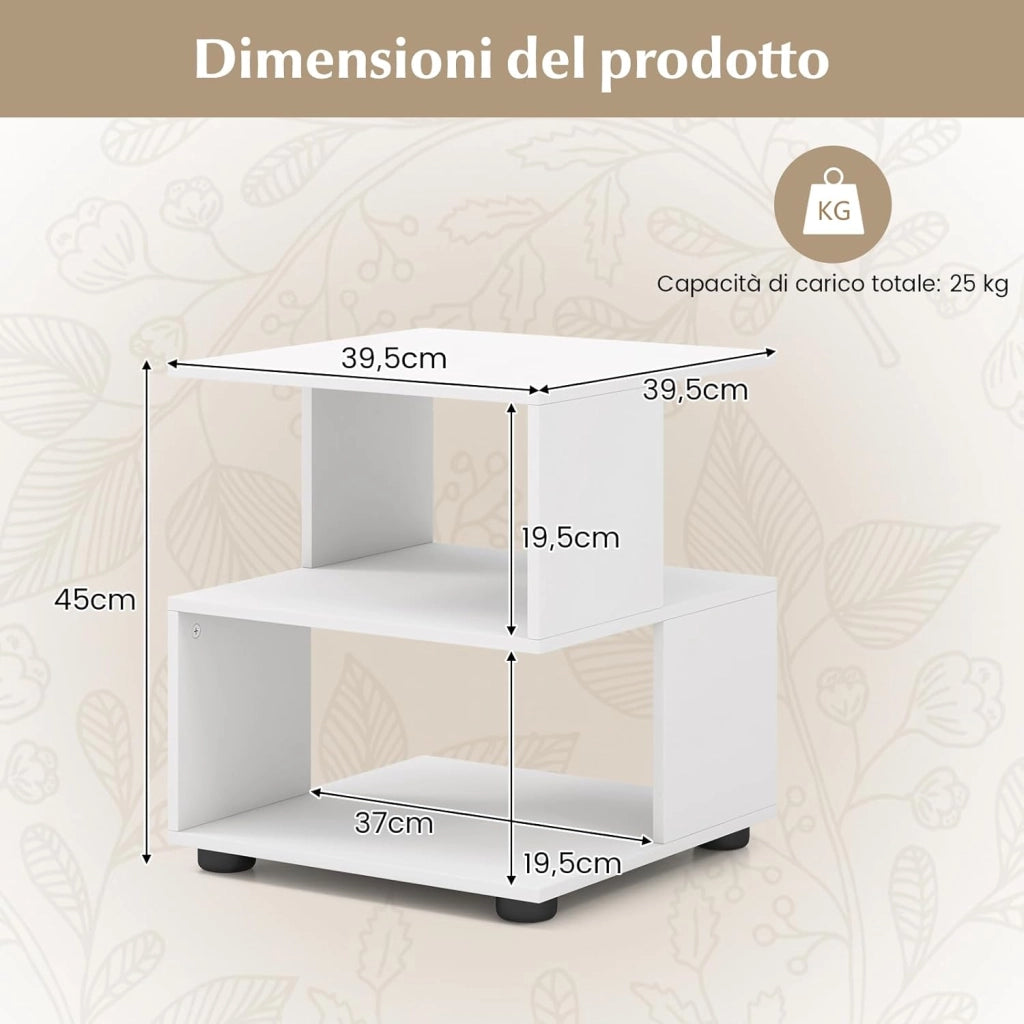 Tavolino da Salotto a 3 Livelli, Tavolino Moderno con Ripiani e Piedini Antiscivolo, Comodino Multiuso per Camera da Letto, Soggiorno, Studio e Ufficio, Bianco