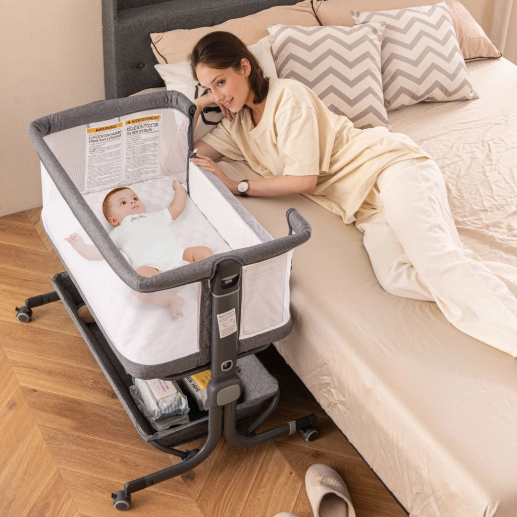 Culla da affiancare per neonati con altezza regolabile a 6 livelli mensola portaoggetti, Culla da letto pieghevole Grigio scuro