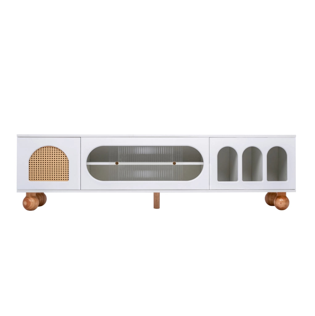 Mobile TV 170 cm bianco e legno – ante decorative, vetro scorrevole e vani