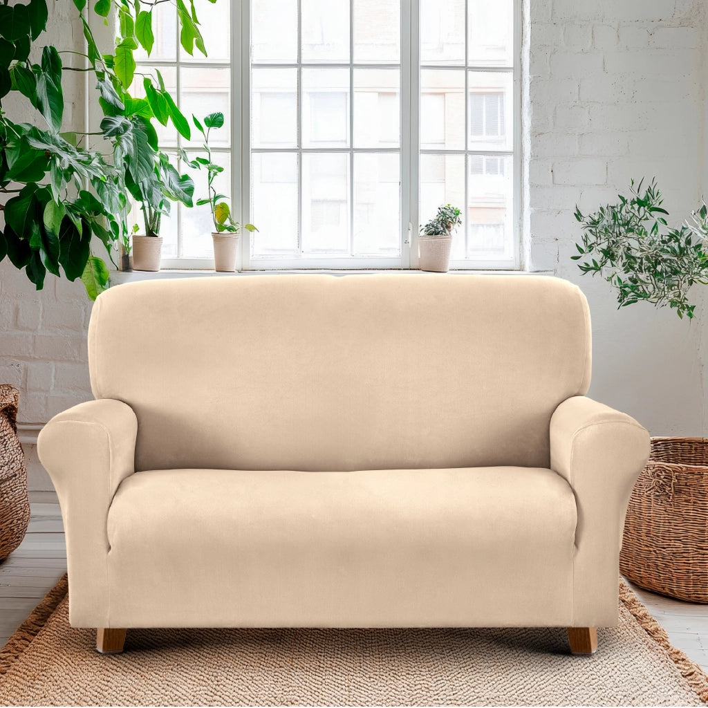 Copridivano In Velluto Elegante Impermeabile Tessuto Elasticizzato Antimacchia Copripoltrona Salva Divano Due Tre Posti Cover Sofà Universale Certificato Oekotex Antigraffio Animali  Crema - Divano 2 posti