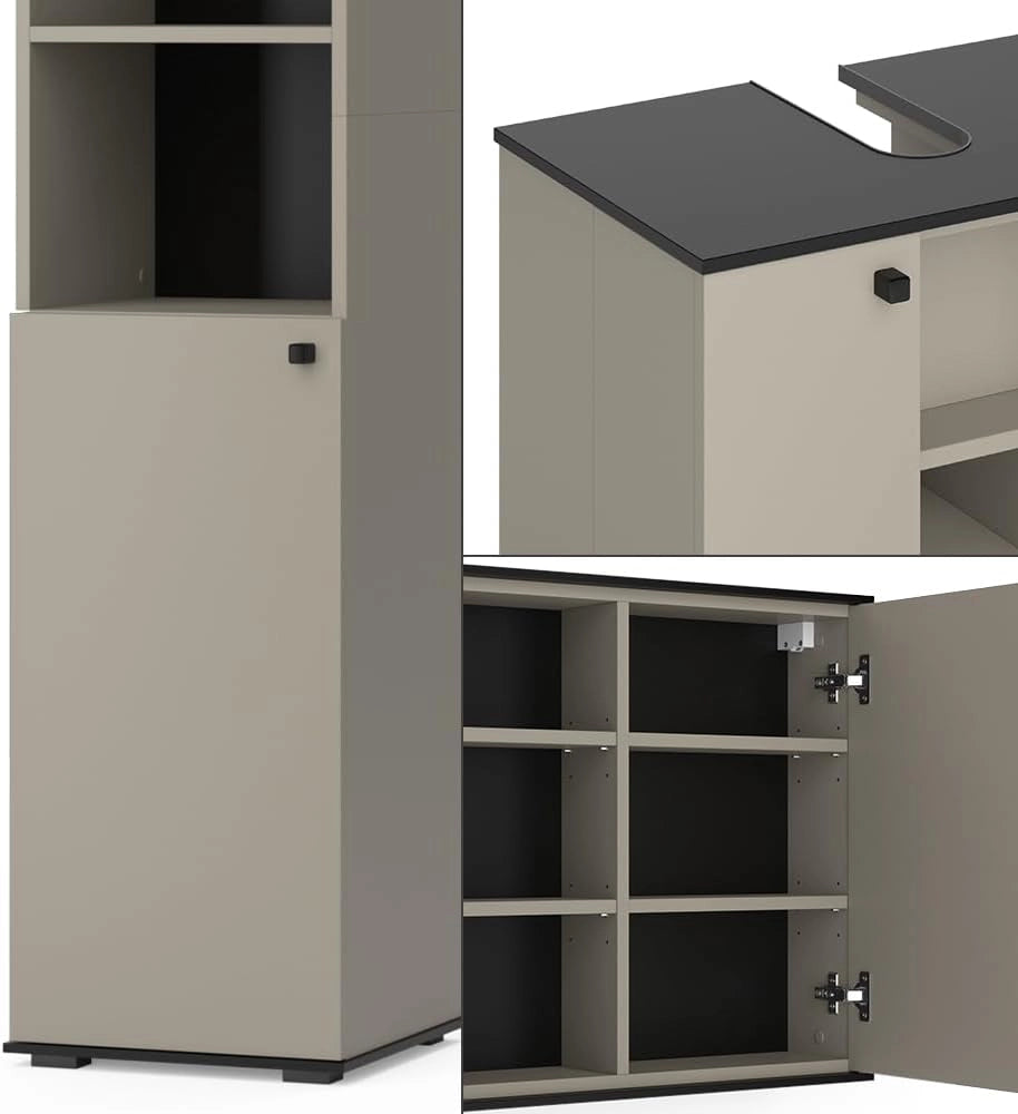 Set di mobili da bagno Joli, Grigio, 60 cm, composto da mobile sottolavabo, specchiera e colonna alta