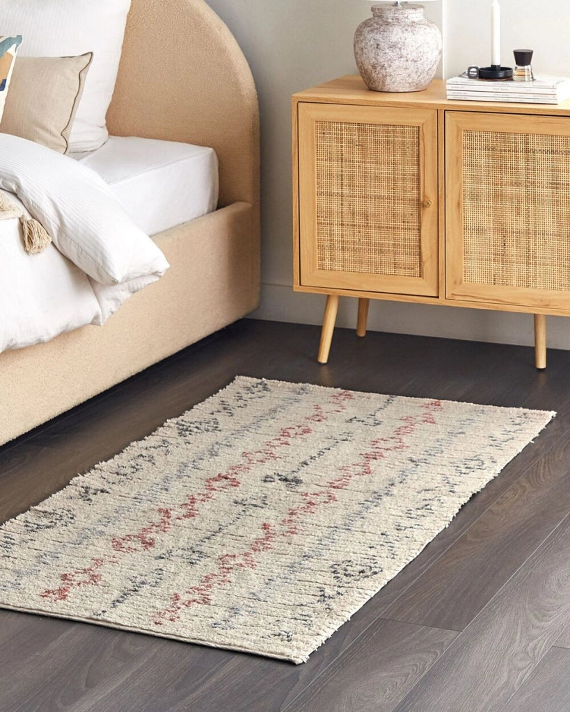 Tappeto in cotone beige 80 x 150 cm minimalista fatto a mano motivo geometrico soggiorno camera da letto