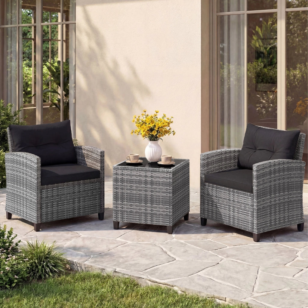 Set mobili da esterno 3 pezzi con vetro temperato morbidi cuscini, Set sedie e tavolo in rattan per balcone veranda e giardino Nero