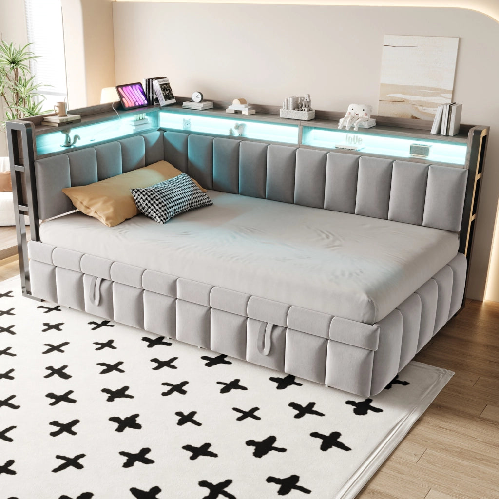 Divano letto con letto estraibile; LED; porte USB e Type-C; 90x200 cm; grigio