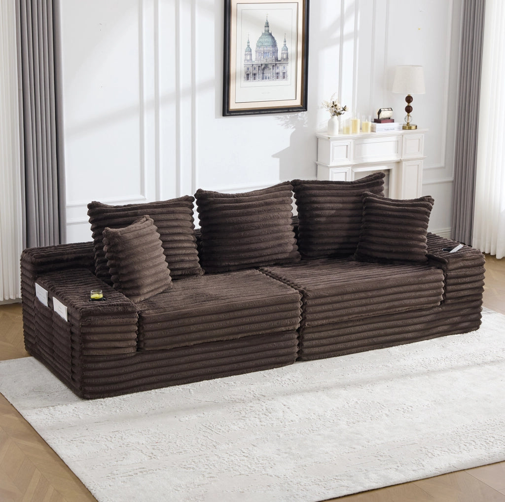 Divano letto modulabile in velluto a coste marrone caffè con tasche e portabicchieri
