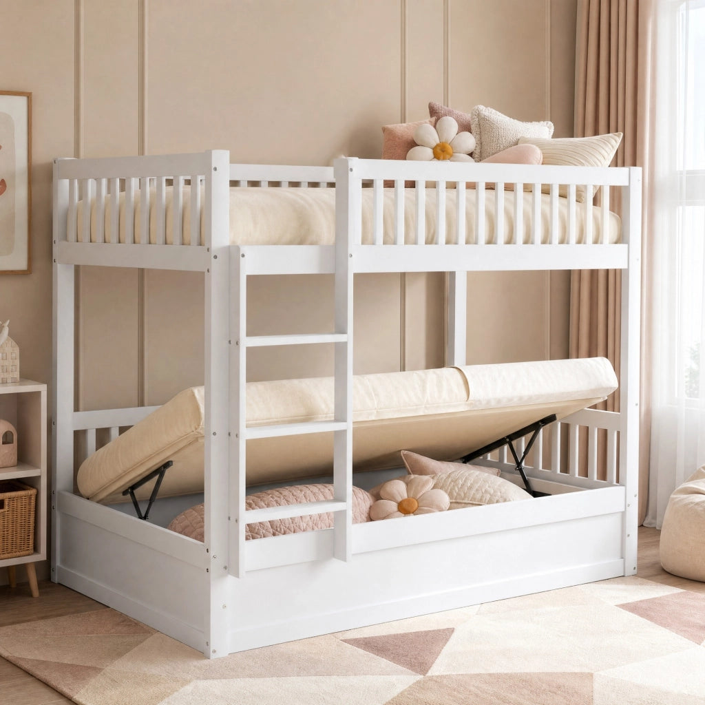Letto a castello per bambini 90x200 cm con contenitore idraulico; bianco