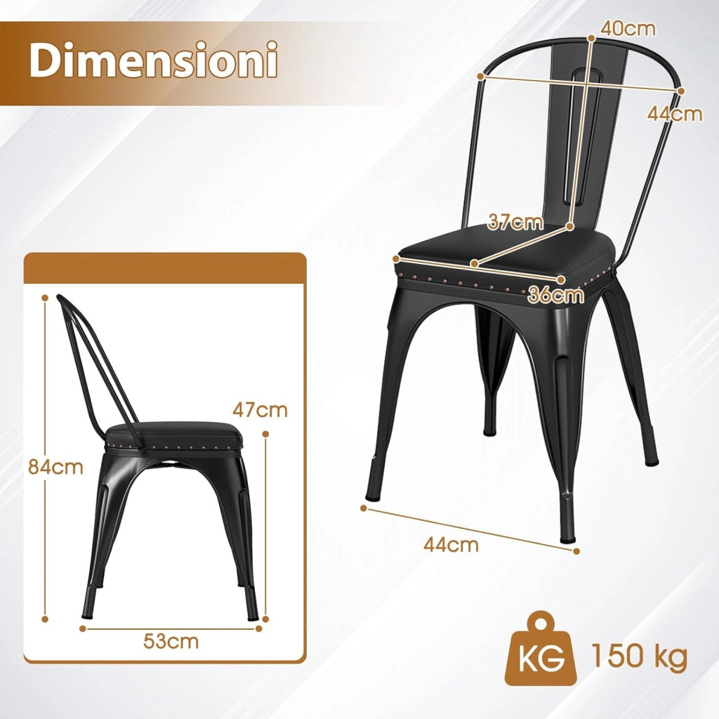 4 Sgabelli Cucina 53 x 44 x 84 cm, Sedie Impilabili con Schienali Rimovibili e Sedile Imbottito in Finta Pelle, Sgabelli in Metallo per Ristorante, Bistro e Bar (Nero)