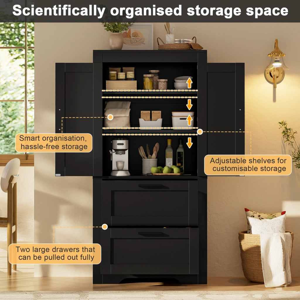 Credenza alta in stile rustico con 2 cassetti e ripiani regolabili per cucina, soggiorno e sala da pranzo in MDF nero